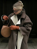 Aurohaya Long Wool Coat with Button Closure, Pockets, and Lapel Collar Elegant Casual Oversized Winter Jacket for Women
