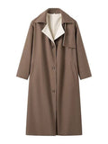 Aurohaya Long Wool Coat with Button Closure, Pockets, and Lapel Collar Elegant Casual Oversized Winter Jacket for Women