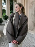 Aurohaya Women’s Short Wool Coat with Notched Collar Oversized Elegant Casual Jacket