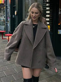 Aurohaya Women’s Short Wool Coat with Notched Collar Oversized Elegant Casual Jacket