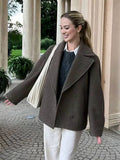 Aurohaya Women’s Short Wool Coat with Notched Collar Oversized Elegant Casual Jacket