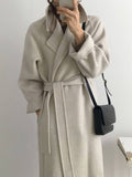 Aurohaya Women’s Long Wool Coat with Notched Collar Belt Oversized Elegant Winter Jacket