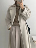 Aurohaya Women’s Long Wool Coat with Notched Collar Belt Oversized Elegant Winter Jacket