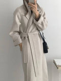 Aurohaya Women’s Long Wool Coat with Notched Collar Belt Oversized Elegant Winter Jacket