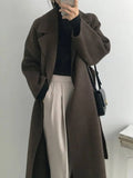 Aurohaya Women’s Long Wool Coat with Notched Collar Belt Oversized Elegant Winter Jacket