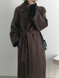 Aurohaya Women’s Long Wool Coat with Notched Collar Belt Oversized Elegant Winter Jacket