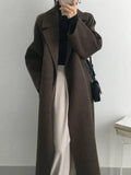Aurohaya Women’s Long Wool Coat with Notched Collar Belt Oversized Elegant Winter Jacket