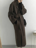 Aurohaya Women’s Long Wool Coat with Notched Collar Belt Oversized Elegant Winter Jacket