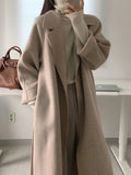 Aurohaya Women’s Long Wool Coat with Notched Collar Belt Oversized Elegant Winter Jacket