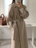 Aurohaya Women’s Long Wool Coat with Notched Collar Belt Oversized Elegant Winter Jacket