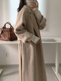 Aurohaya Women’s Long Wool Coat with Notched Collar Belt Oversized Elegant Winter Jacket