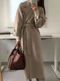 Aurohaya Women’s Long Wool Coat with Notched Collar Belt Oversized Elegant Winter Jacket