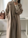 Aurohaya Women’s Long Wool Coat with Notched Collar Belt Oversized Elegant Winter Jacket