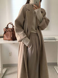 Aurohaya Women’s Long Wool Coat with Notched Collar Belt Oversized Elegant Winter Jacket