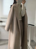 Aurohaya Women’s Long Wool Coat with Notched Collar Belt Oversized Elegant Winter Jacket