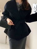 Aurohaya Wool-Look Short Belted Coat Oversized Women’s Casual Blouson with Pockets