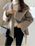 Aurohaya Wool-Look Short Belted Coat Oversized Women’s Casual Blouson with Pockets