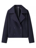 Aurohaya Women’s Short Double Breasted Peacoat with Notched Collar Oversized Elegant Winter Jacket