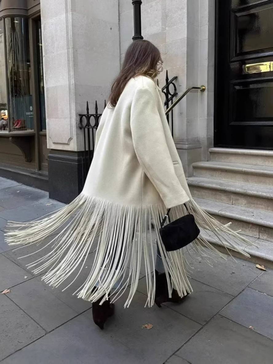 Aurohaya Women’s Long Wool Coat with Fringe Buttons Oversized Elegant Winter Jacket