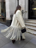 Aurohaya Women’s Long Wool Coat with Fringe Buttons Oversized Elegant Winter Jacket