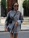 Aurohaya Women’s Wool Blend Peacoat Double Breasted Round Neck Short Coat Elegant Casual Autumn Winter Jacket