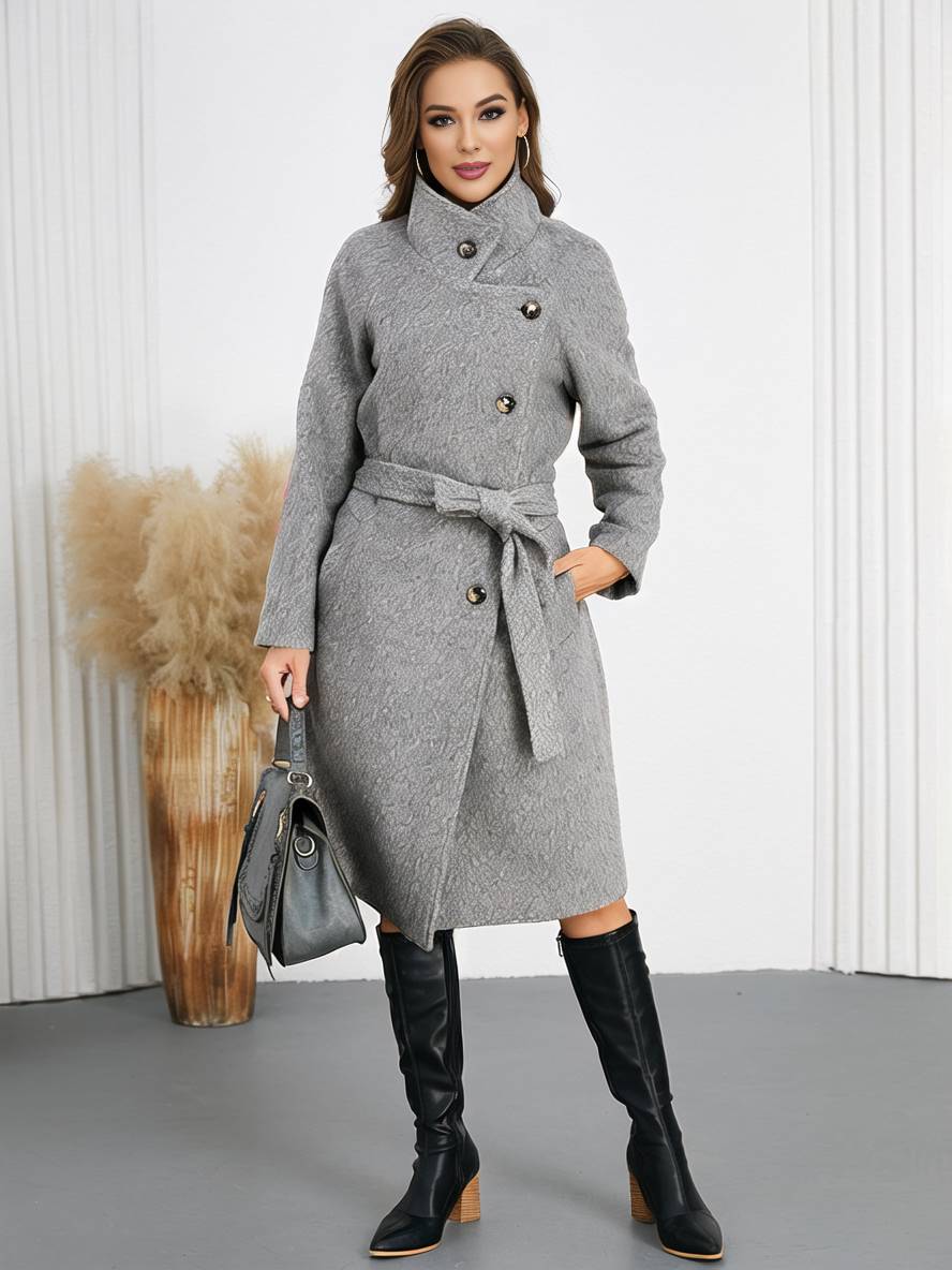 Aurohaya Women’s Wool Blend Belted Long Coat Elegant High Neck Double Breasted Winter Jacket with Pockets