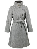 Aurohaya Women’s Wool Blend Belted Long Coat Elegant High Neck Double Breasted Winter Jacket with Pockets