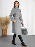 Aurohaya Women’s Wool Blend Belted Long Coat Elegant High Neck Double Breasted Winter Jacket with Pockets