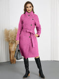 Aurohaya Women’s Wool Blend Belted Long Coat Elegant High Neck Double Breasted Winter Jacket with Pockets