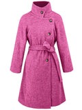 Aurohaya Women’s Wool Blend Belted Long Coat Elegant High Neck Double Breasted Winter Jacket with Pockets