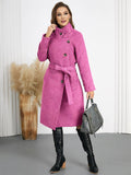 Aurohaya Women’s Wool Blend Belted Long Coat Elegant High Neck Double Breasted Winter Jacket with Pockets