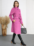 Aurohaya Women’s Wool Blend Belted Long Coat Elegant High Neck Double Breasted Winter Jacket with Pockets