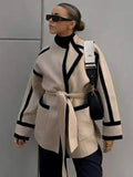 Aurohaya Elegant Wool Belted Coat with Pockets, Lapel Collar, Long Sleeves Casual Oversized Women’s Jacket for Autumn and Winter