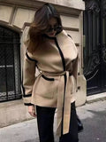 Aurohaya Elegant Wool Belted Coat with Pockets, Lapel Collar, Long Sleeves Casual Oversized Women’s Jacket for Autumn and Winter
