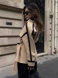 Aurohaya Elegant Wool Belted Coat with Pockets, Lapel Collar, Long Sleeves Casual Oversized Women’s Jacket for Autumn and Winter
