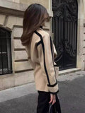 Aurohaya Elegant Wool Belted Coat with Pockets, Lapel Collar, Long Sleeves Casual Oversized Women’s Jacket for Autumn and Winter