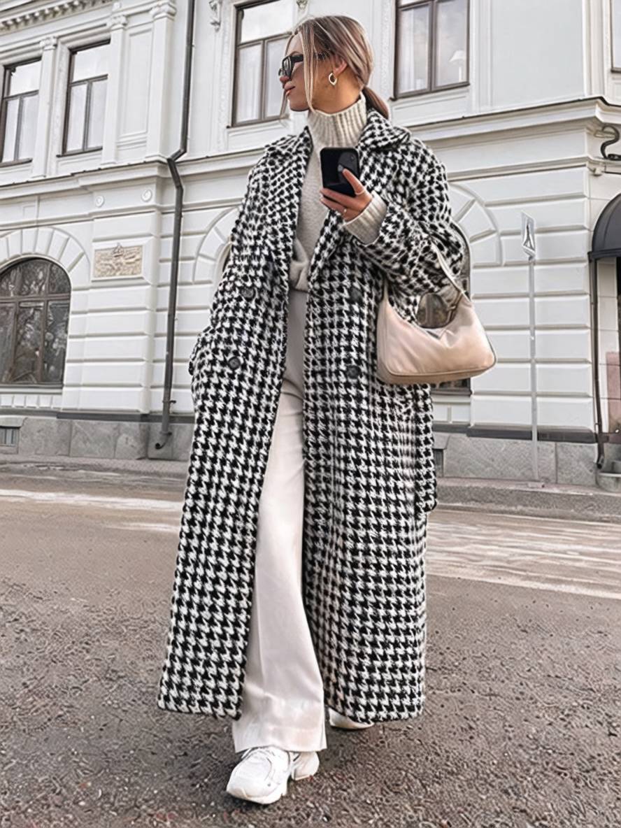 Aurohaya Plaid Wool Coat Long Double Breasted Belted Houndstooth Overcoat Women Elegant Casual