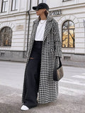 Aurohaya Plaid Wool Coat Long Double Breasted Belted Houndstooth Overcoat Women Elegant Casual