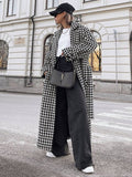 Aurohaya Plaid Wool Coat Long Double Breasted Belted Houndstooth Overcoat Women Elegant Casual