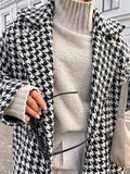 Aurohaya Plaid Wool Coat Long Double Breasted Belted Houndstooth Overcoat Women Elegant Casual