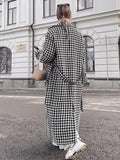 Aurohaya Plaid Wool Coat Long Double Breasted Belted Houndstooth Overcoat Women Elegant Casual