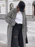 Aurohaya Plaid Wool Coat Long Double Breasted Belted Houndstooth Overcoat Women Elegant Casual