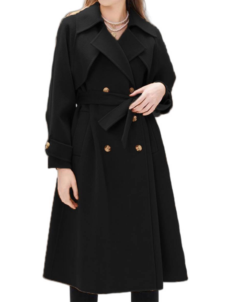 Aurohaya Elegant Double Breasted Wool Coat with Belt, Pockets Long Sleeves for Women Oversized, Casual, Fashionable Winter Outerwear