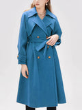 Aurohaya Elegant Double Breasted Wool Coat with Belt, Pockets Long Sleeves for Women Oversized, Casual, Fashionable Winter Outerwear