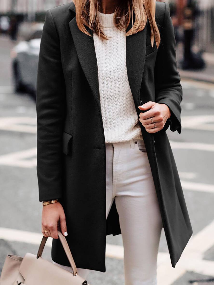 Aurohaya Elegant Wool Coat with Single Breasted Button Closure, Long Sleeves Pockets for Women Classic Black, Casual Fashionable Outerwear