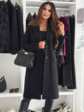 Aurohaya Women's Mid-Length Solid Buttoned Coat with Lapel Collar Pockets