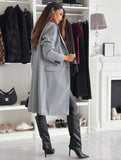 Aurohaya Women's Mid-Length Solid Buttoned Coat with Lapel Collar Pockets