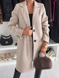 Aurohaya Women's Mid-Length Solid Buttoned Coat with Lapel Collar Pockets