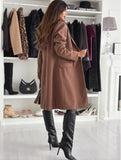 Aurohaya Women's Mid-Length Solid Buttoned Coat with Lapel Collar Pockets