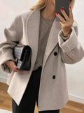 Aurohaya Elegant Women's Double Breasted Wool Blazer Coat, Oversized Casual Jacket with Pockets Lapel Collar